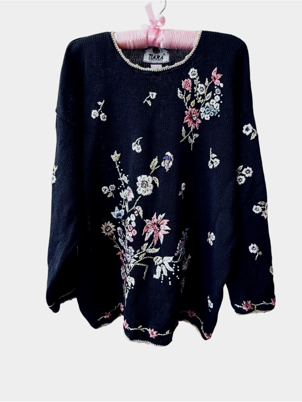 Tiara Navy Floral Embroidered Crewneck Sweater